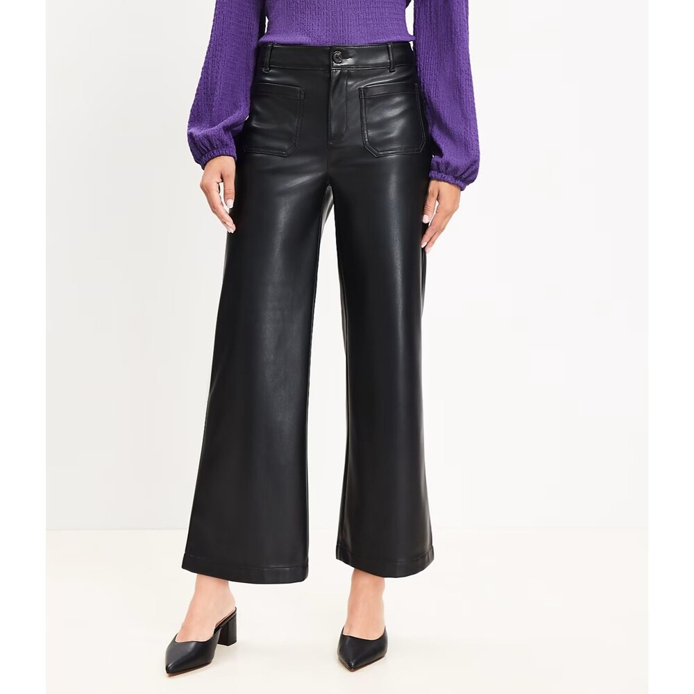 LOFT The Palmer Wide Leg Pants Sz 10T Black Faux Leather High Rise Patch Pocket